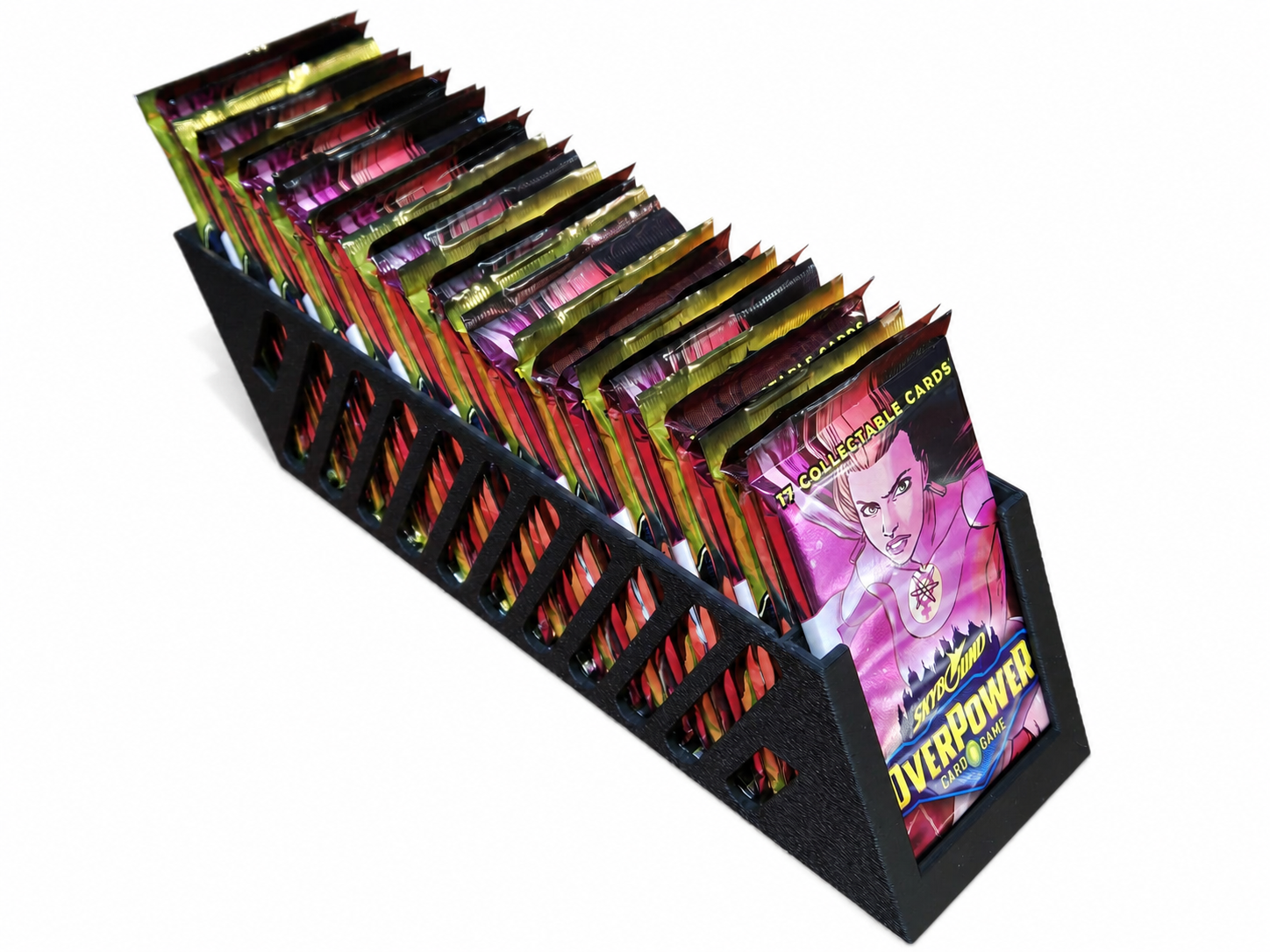 Trading card display rack loaded with booster packs